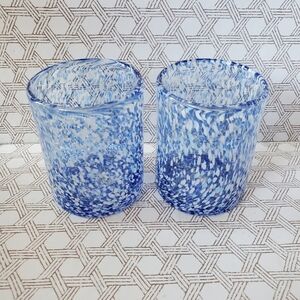 2 Hand Blown Blue & White Confetti Drinking Glasses Barware Tumbler Lowball 4"